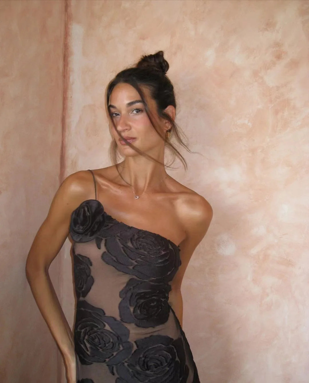 Mingmingxi Black Mesh Birthday Dress for Women 2024 One Shoulder Sexy Long Dress Slim Elegant Flower Wedding Guest Party Dresses