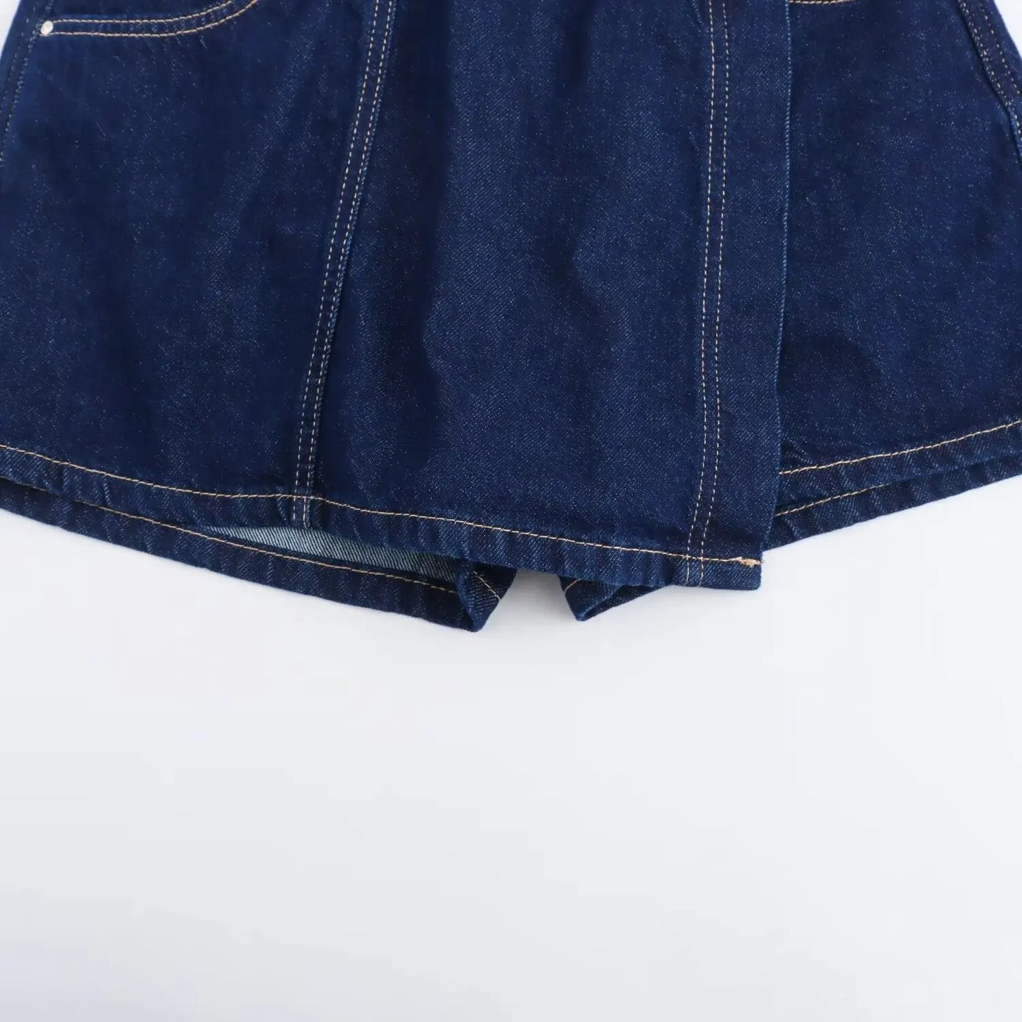 TRAFZA Summer Women Suits Denim Blue Turn-Down Collar Short Sleeves Pocket Decoration Shirts+Mid Waist Asymmetrical Shorts