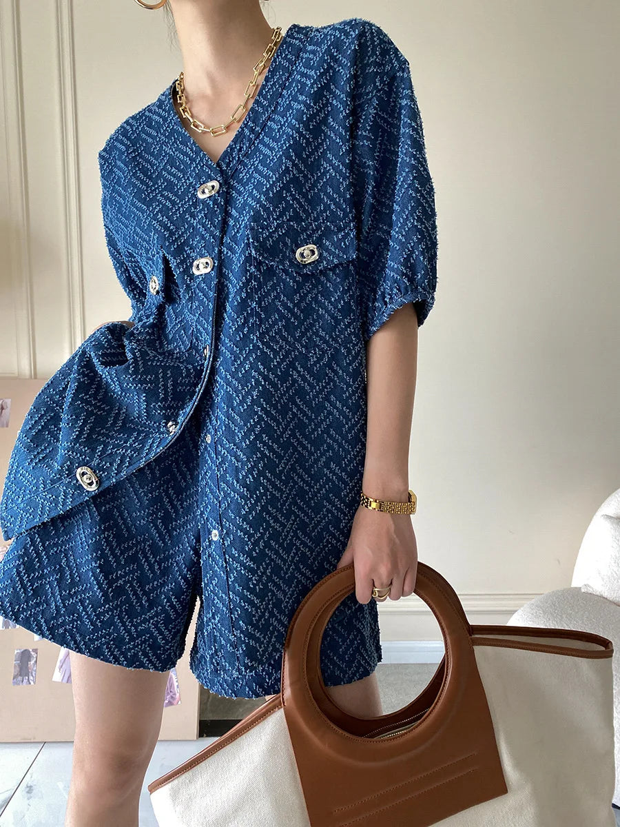 Women's Denim Short Sleeve Top and Shorts Two Piece Suit French Fashion Spring Summer Cowgirl Top Streetwear Korean Leisure New