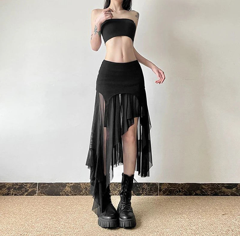 Zoki Sexy Irregular Y2K Skirts Women Vintage American High Waist Slim Slit Long Skirt Casual Lady Streetwear Retro Summer Skirts
