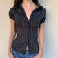 CIBBAR Black Striped Print Blouse Vintage 2000s Button Up Puff Short Sleeve Crop Top Women Korean Fashion T Shirt Streetwear y2k