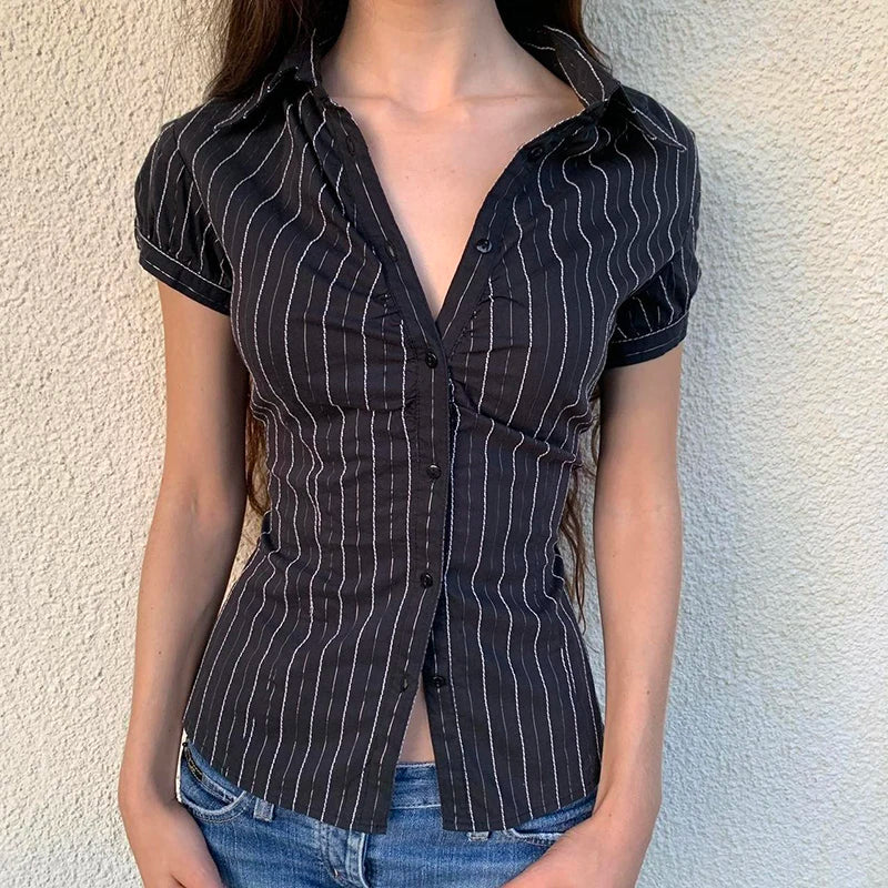 CIBBAR Black Striped Print Blouse Vintage 2000s Button Up Puff Short Sleeve Crop Top Women Korean Fashion T Shirt Streetwear y2k