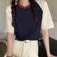 AOSSVIAO Summer Tops for Women Tshirt Turn Down Collar Short Sleeve Beige Blue Chic Y2k Fashion Patchwork 2025 T Shirts