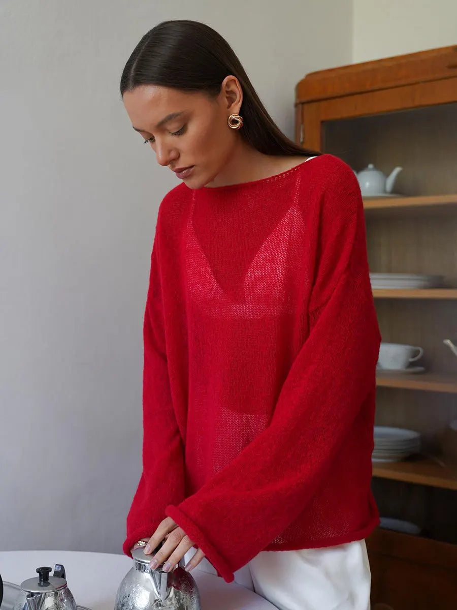 Original Fashion Hollow Out Knit Shirt Spring And Summer Women's Perspective Thin O-Neck Loose Elastic Long Sleeve Knit T-shirt