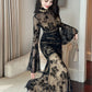 French Elegant Prom Dresses Woman Retro Black Perspective Elastic Mesh Folds Wrap Hip Slit Fishtail Robe Female Party Vestidos