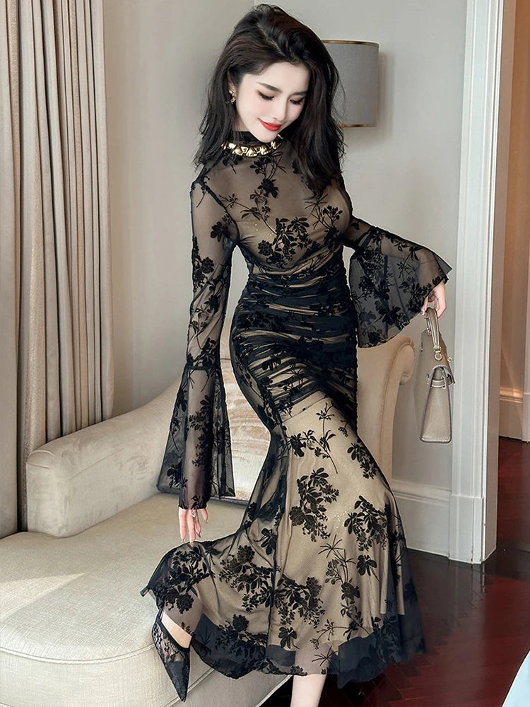French Elegant Prom Dresses Woman Retro Black Perspective Elastic Mesh Folds Wrap Hip Slit Fishtail Robe Female Party Vestidos