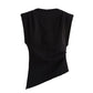 TRAFZA Vintage Chic Women Solid Asymmetric O-Neck Zipper Sleeveless Cross Folds Top Fashion 2025 Streetwear Padded Shoulder Top