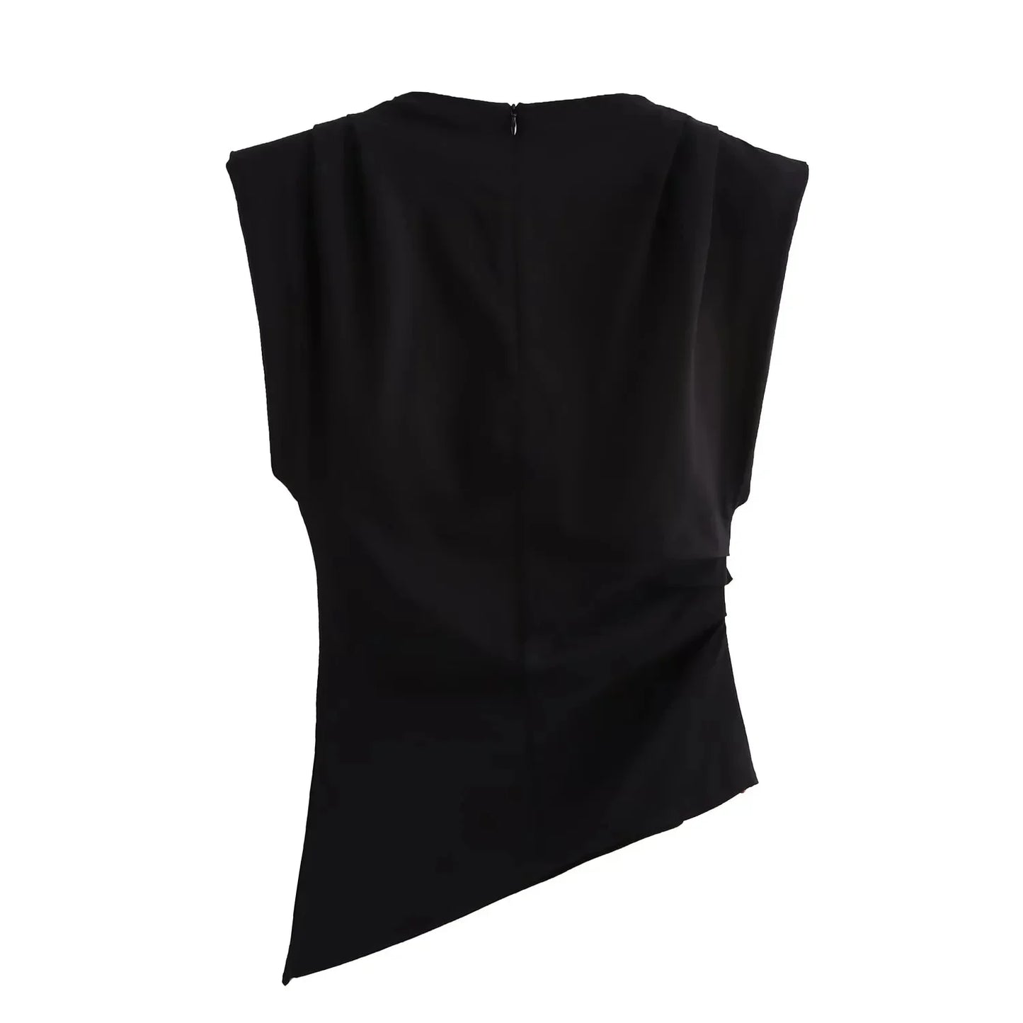 TRAFZA Vintage Chic Women Solid Asymmetric O-Neck Zipper Sleeveless Cross Folds Top Fashion 2025 Streetwear Padded Shoulder Top