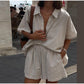 Women Casual Striped Cotton Linen Loose Shirt Shorts Suits Fashion Lapel Half Sleeves Elastic Waisted Shorts Summer Lady Outfits