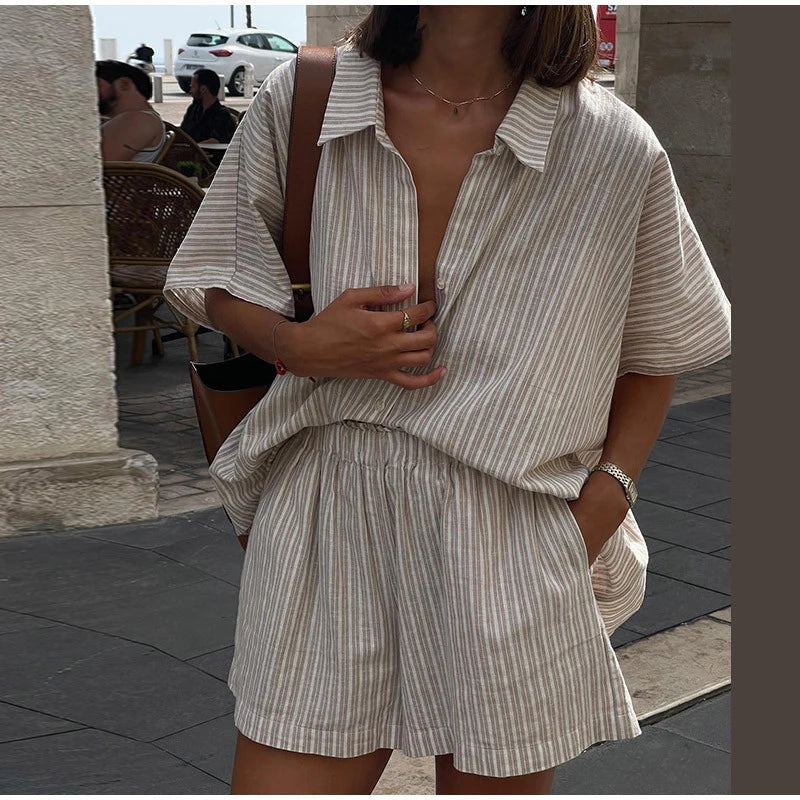 Women Casual Striped Cotton Linen Loose Shirt Shorts Suits Fashion Lapel Half Sleeves Elastic Waisted Shorts Summer Lady Outfits