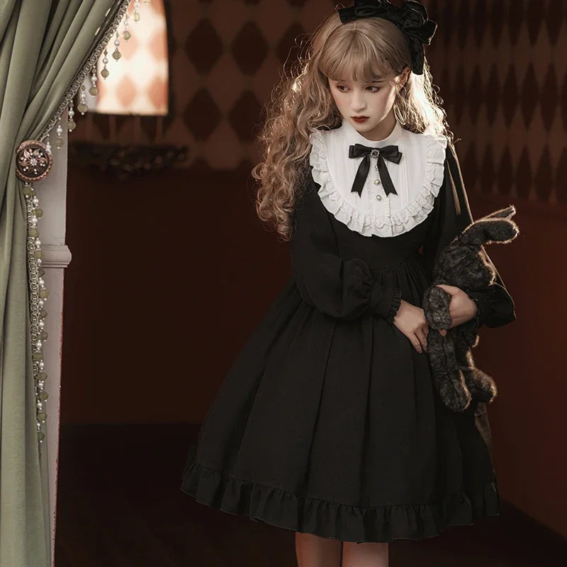 Contract Color Lolita Dress for Women Gothic Style Dark Girl Japanese Retro Op Dress Autumn and Winter Long Sleeve Black Dress