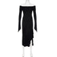 IAMSURE Elegant Fashion Dark Ruffles Split Long Dress Gothic Slash Neck Long Sleeve Maxi Dresses For Women 2023 Holiday Beach