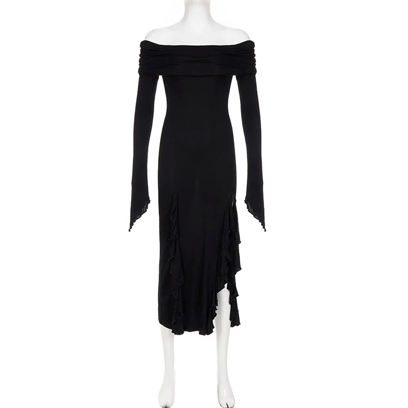 IAMSURE Elegant Fashion Dark Ruffles Split Long Dress Gothic Slash Neck Long Sleeve Maxi Dresses For Women 2023 Holiday Beach