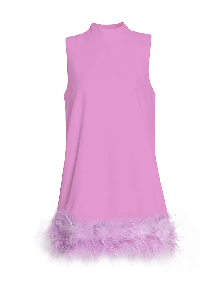 TWOTWINSTYLE Feather Fur Dress For Women O Neck Sleeveless Loose Tassel A Line Dresses Female Streetwear 2022 Summer Fashion New