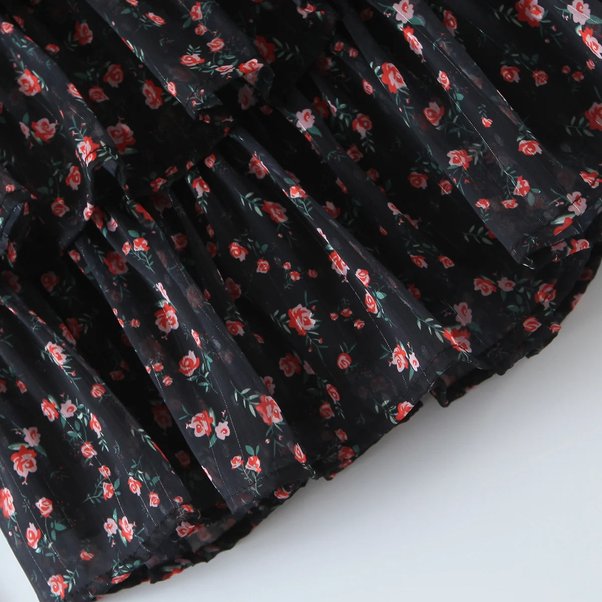 2022 Women Sexy Cross Bandage Black Flower Print Puff Long Sleeve Dress 3 layer Wood Ears Ruffles Hem Cake Mini Holiday Robe
