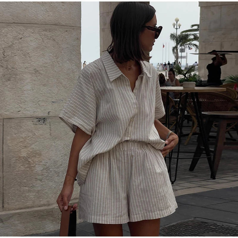 Women Casual Striped Cotton Linen Loose Shirt Shorts Suits Fashion Lapel Half Sleeves Elastic Waisted Shorts Summer Lady Outfits
