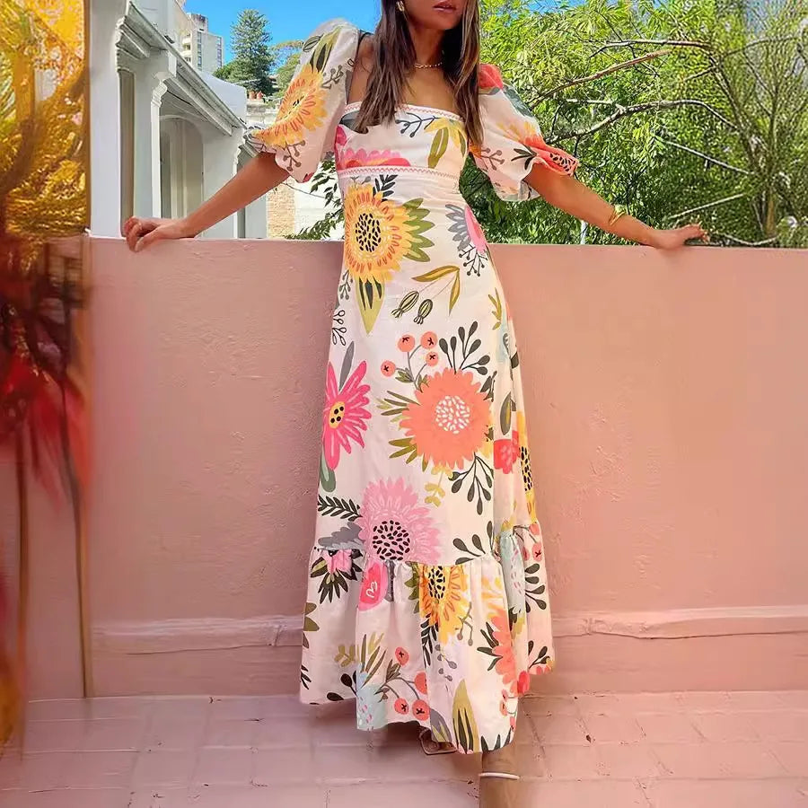 Fashion Square Collar Printed Long Dress Women Elegant Casual Short Puff Sleeved Dresses 2024 Summer Chic Female Vacation Robes