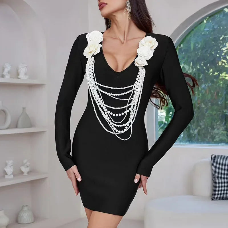 Elegant French Style Floral Patchwork Pearl Chain Design Long Sleeve Women's Dress Sexy Bodycon Skirt Mini Dress Cotton Material