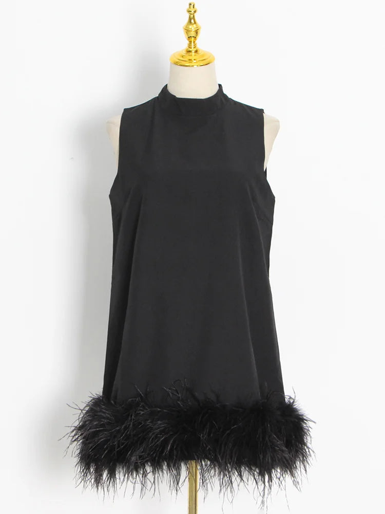 TWOTWINSTYLE Feather Fur Dress For Women O Neck Sleeveless Loose Tassel A Line Dresses Female Streetwear 2022 Summer Fashion New