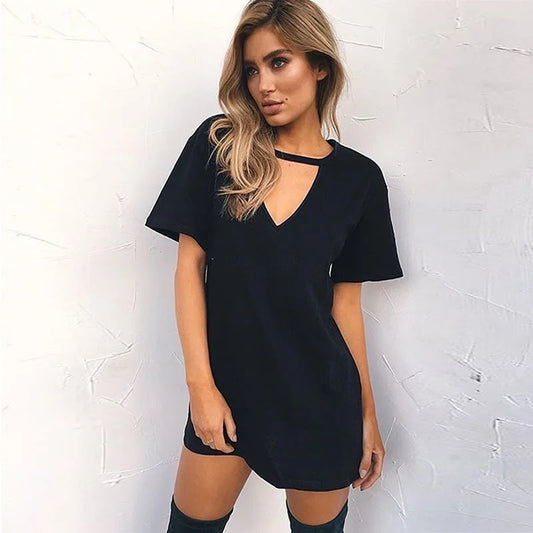 Summer Sexy Mini Black Dress 2025 V Neck Cut Out Loose Dress Women Elegant Short Sleeve Club Party Dress Solid Color Streetwear