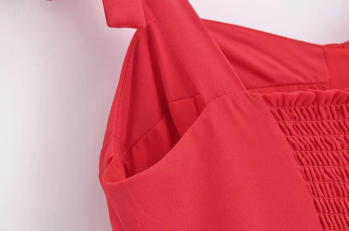 French Red Holiday Party Sling Summer Dress For Women Bow Shoulder A-line Slim Midi Chiffon Dresses