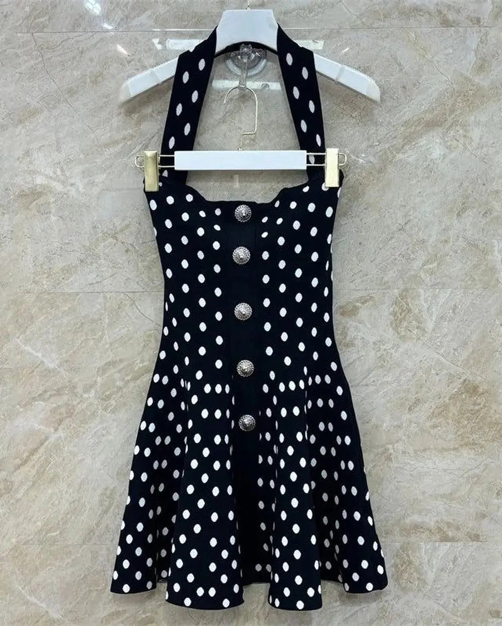 Tuularose Knit Backless Short Dress Women's High Waist Sleeveless Polka Dot Neck Dress Elegant Vintage Party Evening Dress 2025