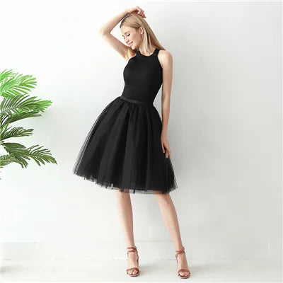 5 Layers 65cm Black Pleated Skirt Sexy Midi Tulle Skirt High Waist Full Lining Adult Tutu Korean Style Women Jupe Femme Faldas