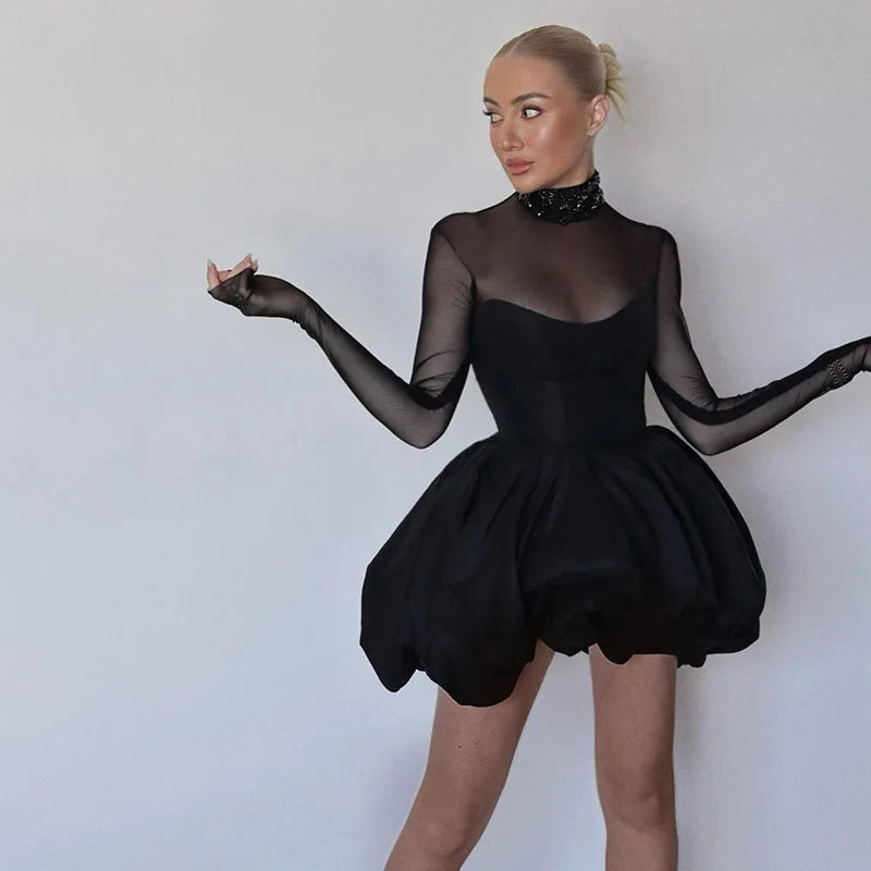 Talenza Black Mesh Sexy Mini Dress Female High Waisted Sheer Long Sleeve Patchwork A-Line Short Dress Luxury Party Evening Dress