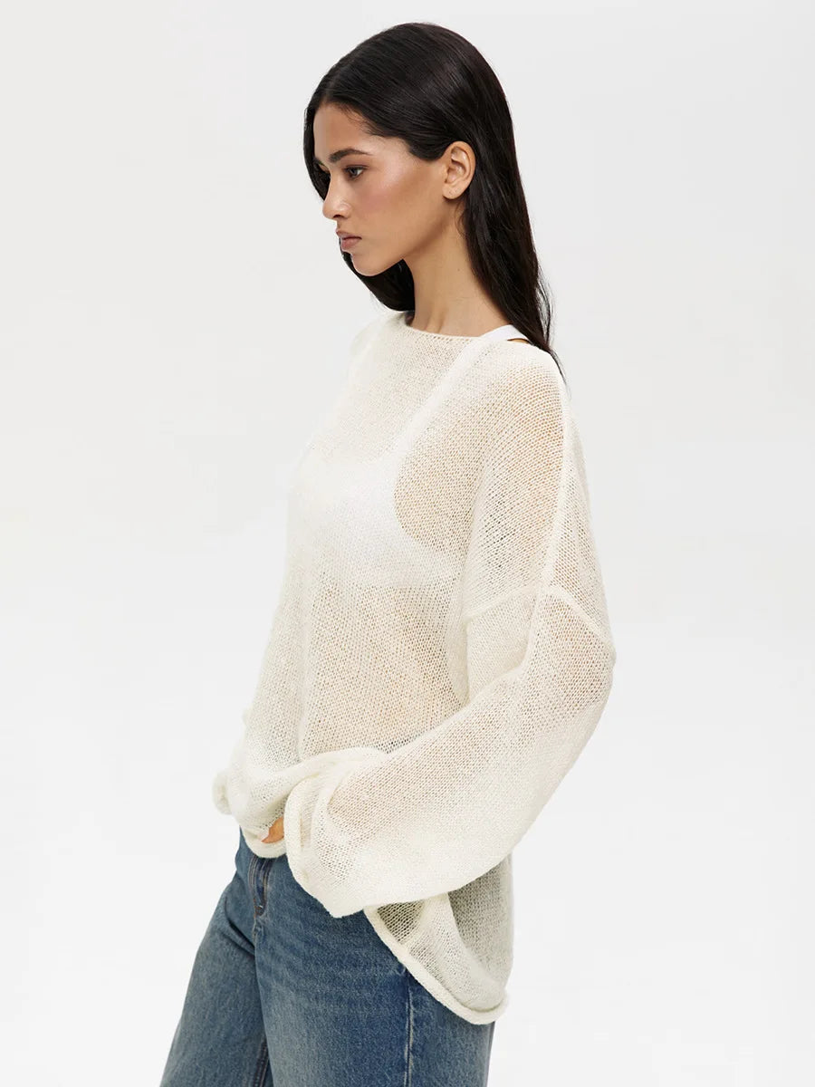 Original Fashion Hollow Out Knit Shirt Spring And Summer Women's Perspective Thin O-Neck Loose Elastic Long Sleeve Knit T-shirt