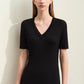 Amii Minimalism 2024 Women's Knitted Dresses Summer New V-neck Spliced Chiffon Short-sleeve Female Slim Fishtail Dress 12442152