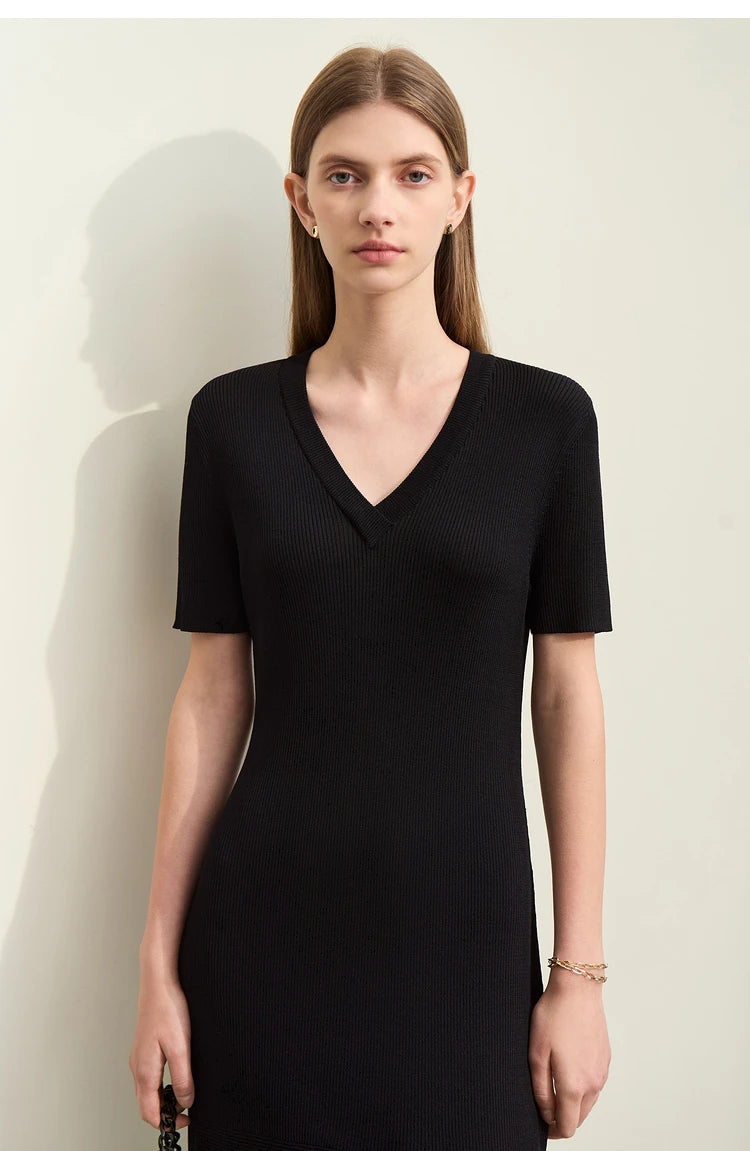 Amii Minimalism 2024 Women's Knitted Dresses Summer New V-neck Spliced Chiffon Short-sleeve Female Slim Fishtail Dress 12442152