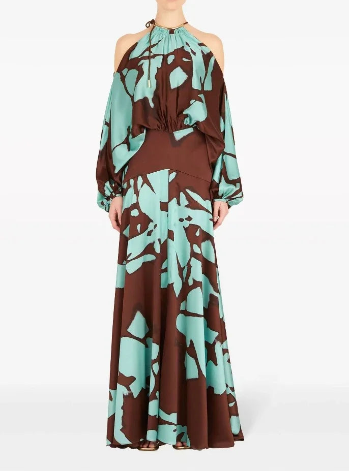 Evening Dresses  Vacation Style Elegant Socialite Printed Off Shoulder Slit Dress