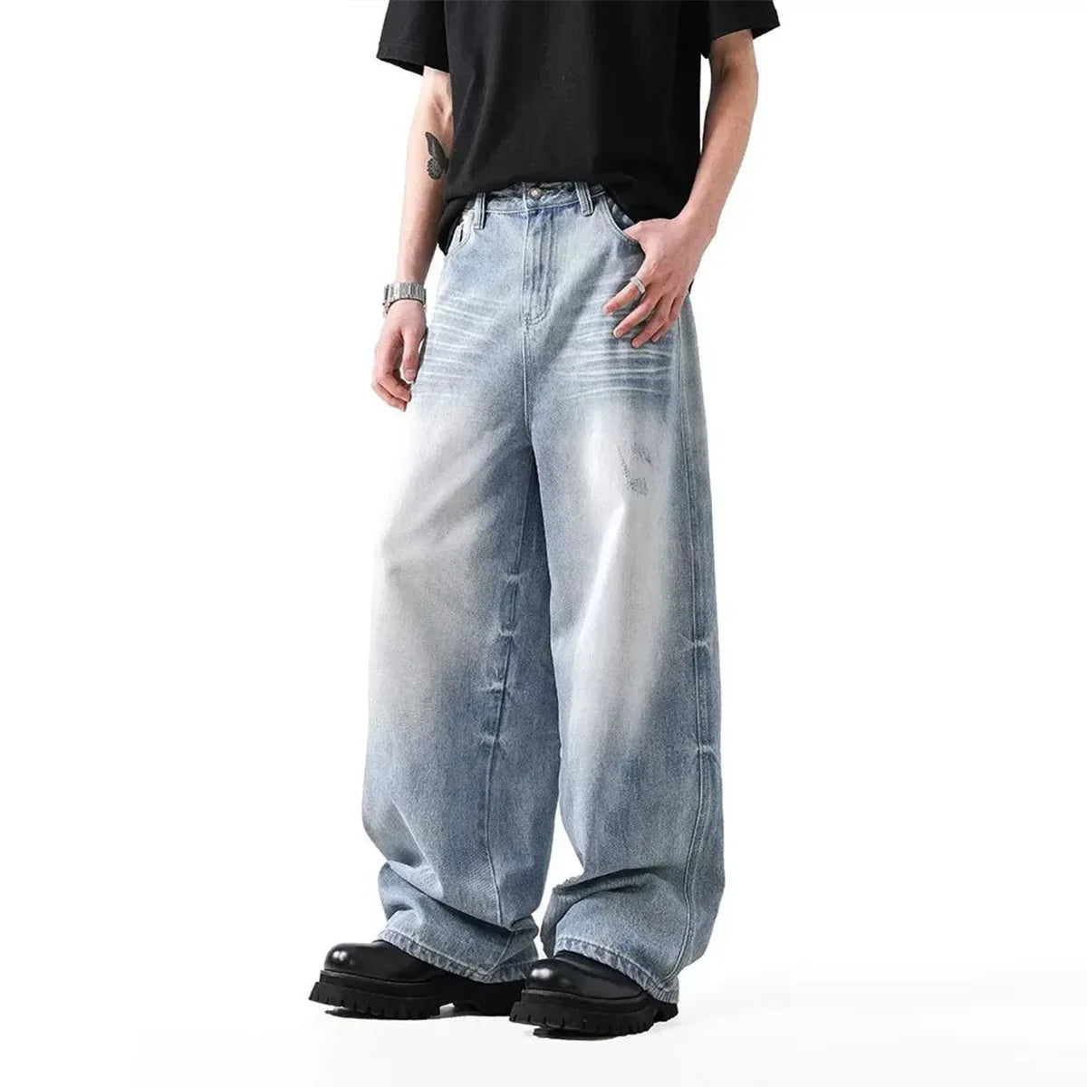 Retro American Light Blue Denim Jeans Loose Wide Leg Straight Floor-Length Trousers for Men And Women Autumn Fashion Brand