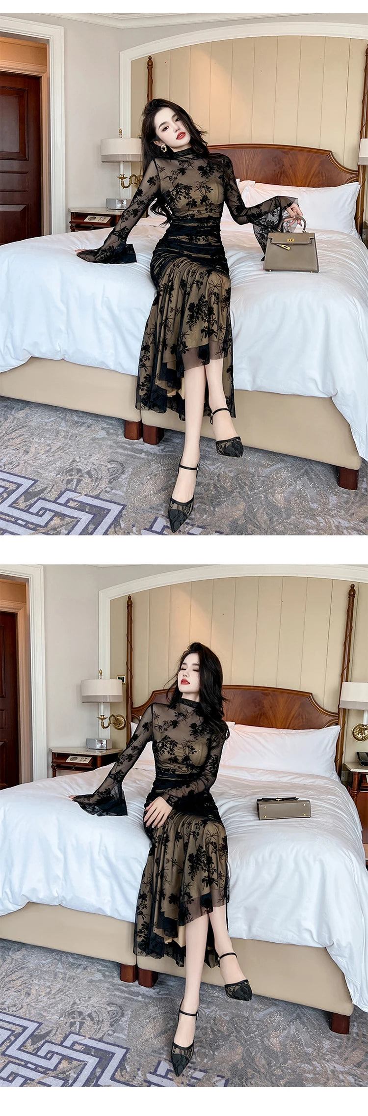 French Elegant Prom Dresses Woman Retro Black Perspective Elastic Mesh Folds Wrap Hip Slit Fishtail Robe Female Party Vestidos