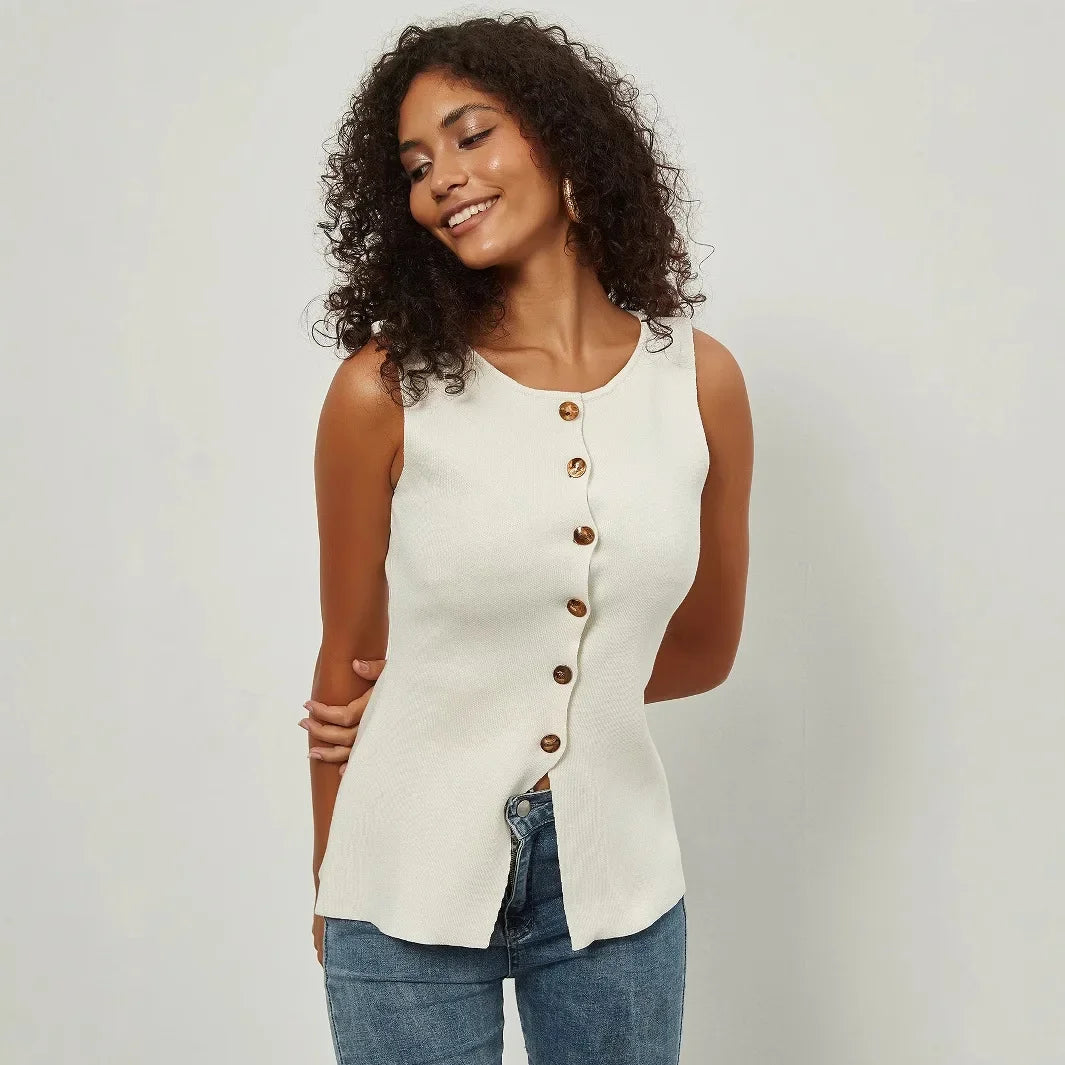 Slim Fit Knitted Vest Single Button Women's Style Cross-Border Clothing Crew Neck Tank Top Fashionable And Stylish