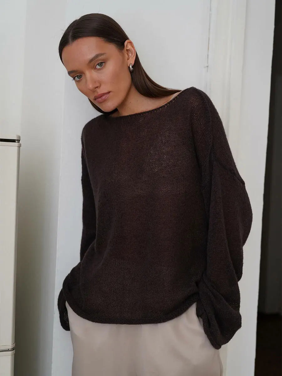 Original Fashion Hollow Out Knit Shirt Spring And Summer Women's Perspective Thin O-Neck Loose Elastic Long Sleeve Knit T-shirt