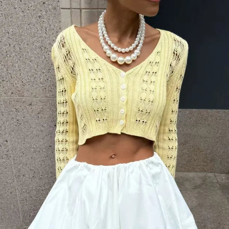 Trendix Summer Knit Long Sleeve Cardigan For Women V Neck Solid Bodycon Hollow Out Short Tops Party Club Slim Vacation Top Femme