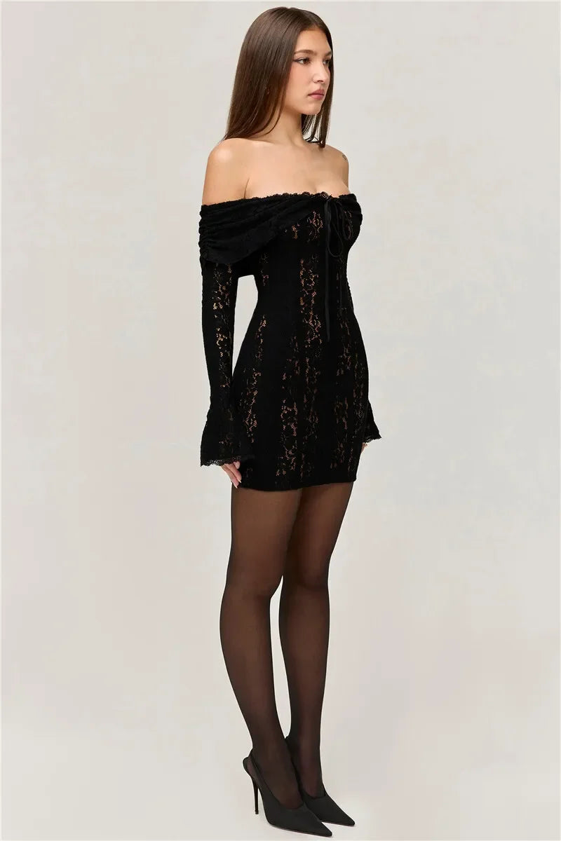 Oligai Winter Lace Long Sleeve Evening Party Dresses Women 2025 Black Sexy Elegant Maxi Dress Fashion Long Wedding Guest Dress