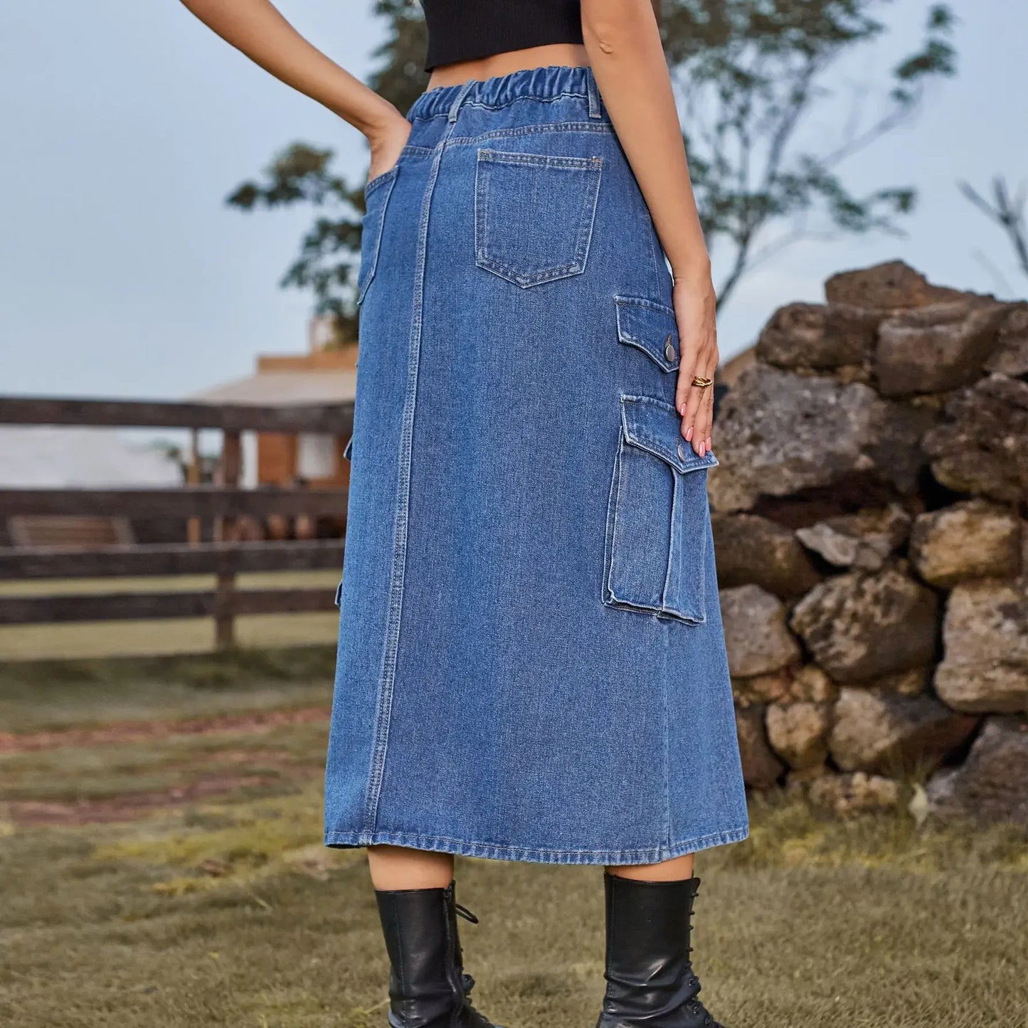 American Style Elastic Waist Denim Workwear Casual Long Dress Skirt New Arrival Women's Clothing European And American Crossbody