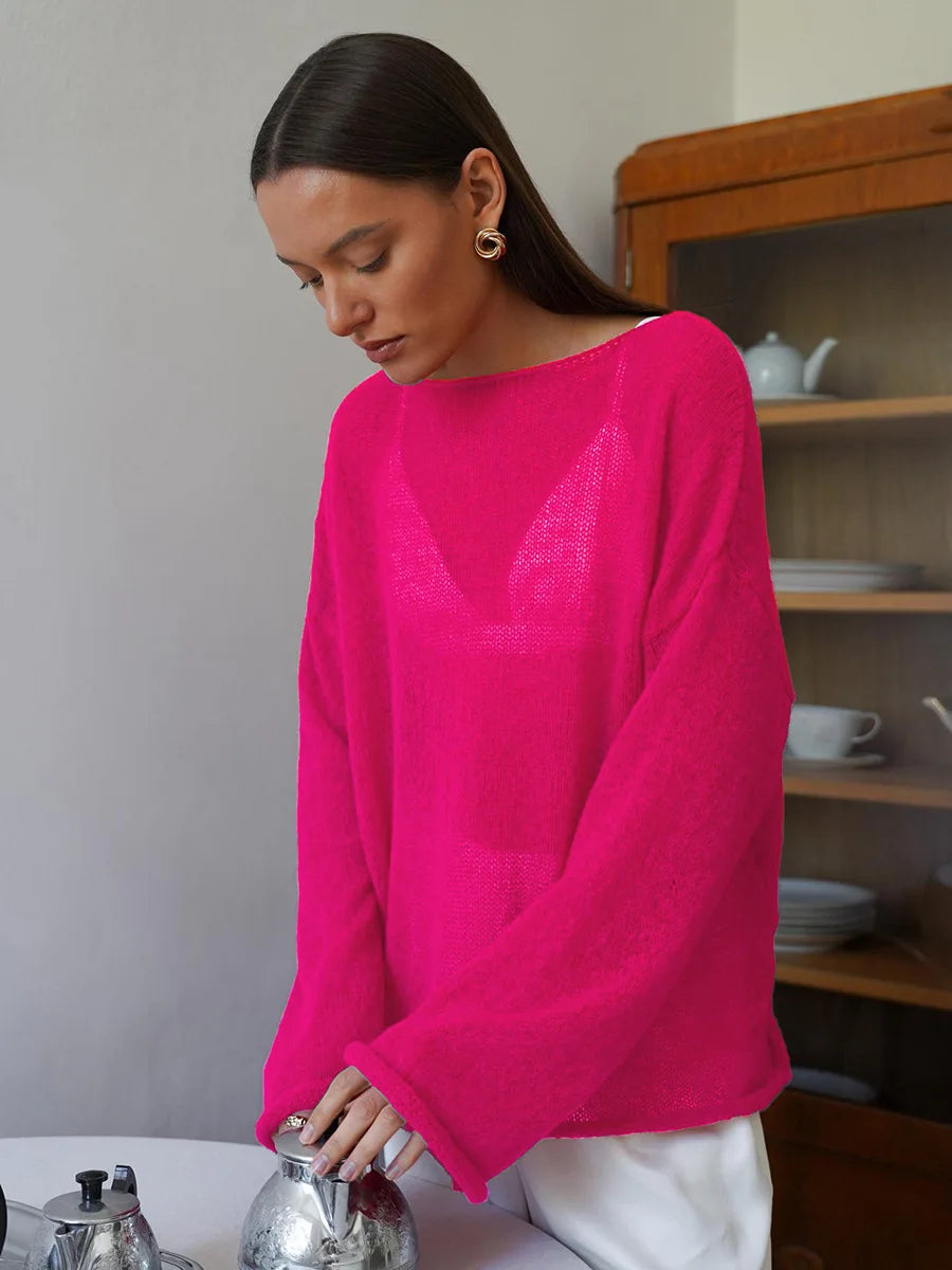 Original Fashion Hollow Out Knit Shirt Spring And Summer Women's Perspective Thin O-Neck Loose Elastic Long Sleeve Knit T-shirt