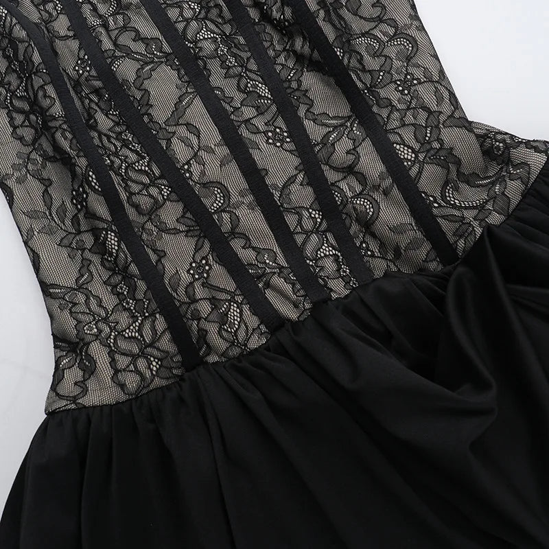Talenza Black Lace Strapless Dress Women's Sexy Sleeveless Pleated A-Line High Waist Dress Backless Off Shoulder Y2k Party Dress