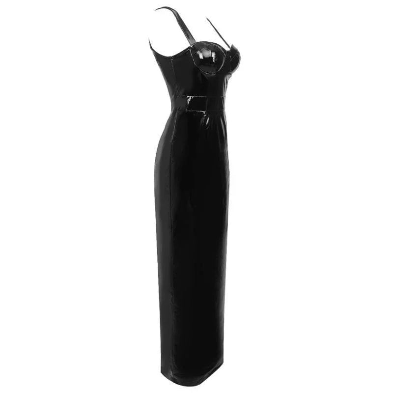 Sexy Patent Leather Spaghetti Strap Dress Women Summer Slim PU Maxi Dresses Sleeveless Backless Camisole Party Evening Dress