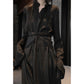 UMI MAO Chinese Style Dress Elegant Stand Up Neck Flare Sleeves Wrap Waist Show Slim Mid Length Black Drop Zen Dresses Women's