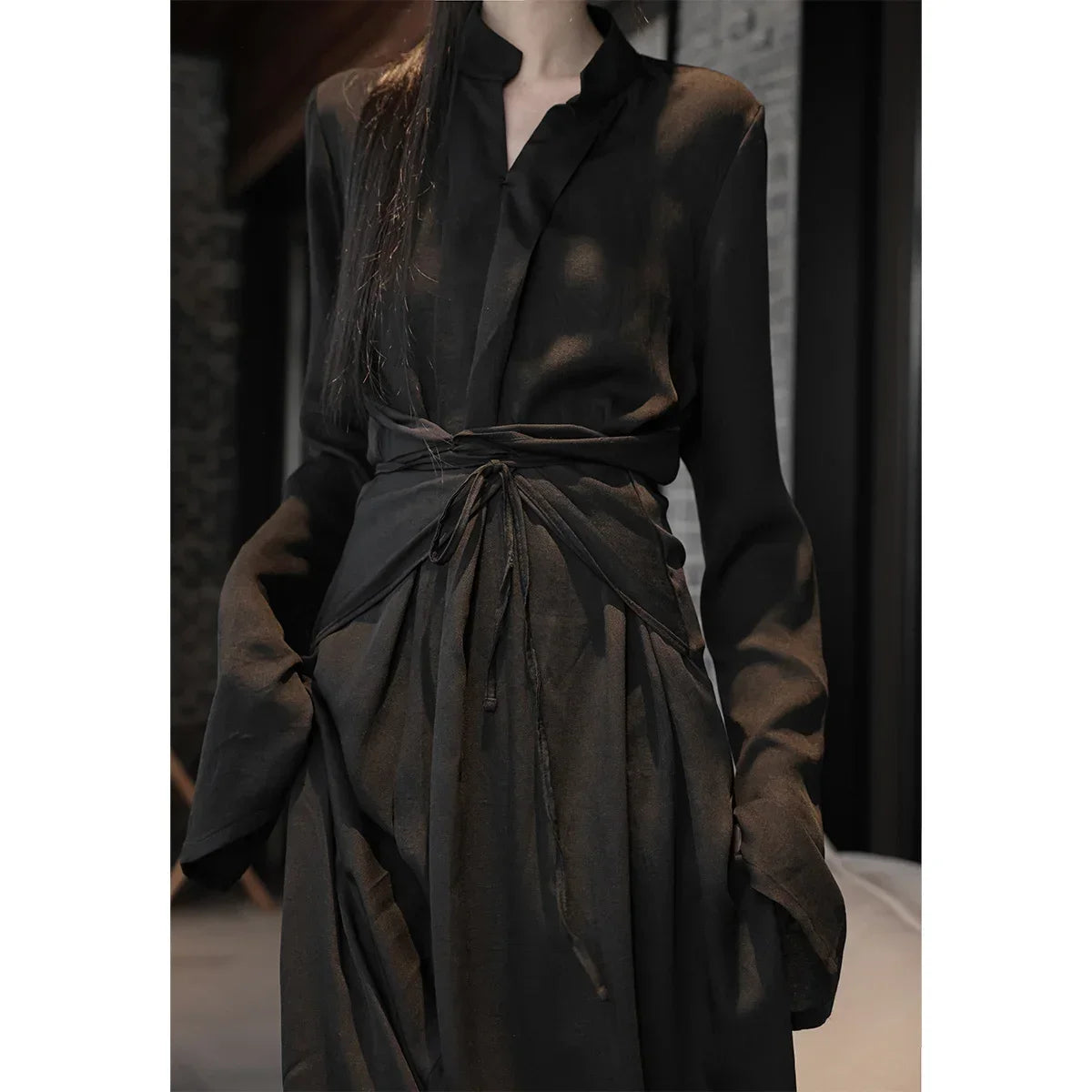 UMI MAO Chinese Style Dress Elegant Stand Up Neck Flare Sleeves Wrap Waist Show Slim Mid Length Black Drop Zen Dresses Women's