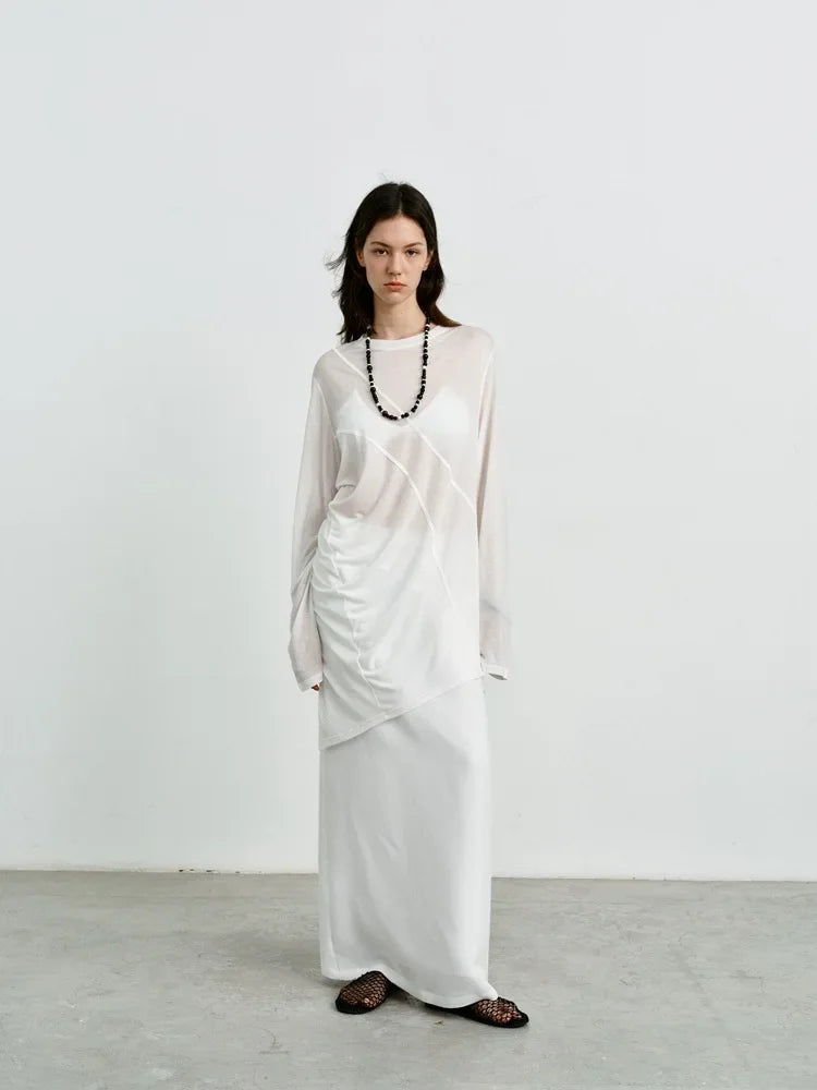 Elegant High-Waisted A- Line Skirt For Women Summer Commuting Long Dress Textile Song WhiteDrapedSideSlitLongDress
