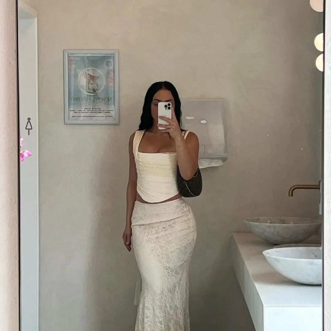 Minigmingxi 2024 New in Summer 2 Piece Dress Set Elegant and Beautiful Dresses Set Beige Long Matching Set Sexy Mermaid Skirt