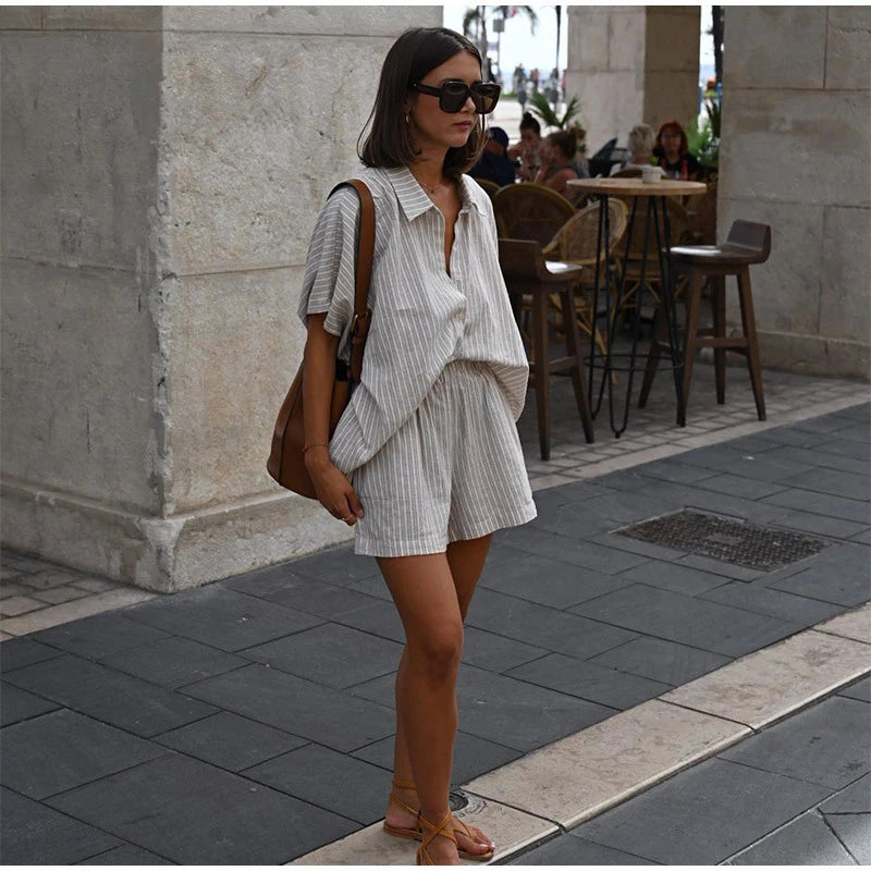 Women Casual Striped Cotton Linen Loose Shirt Shorts Suits Fashion Lapel Half Sleeves Elastic Waisted Shorts Summer Lady Outfits