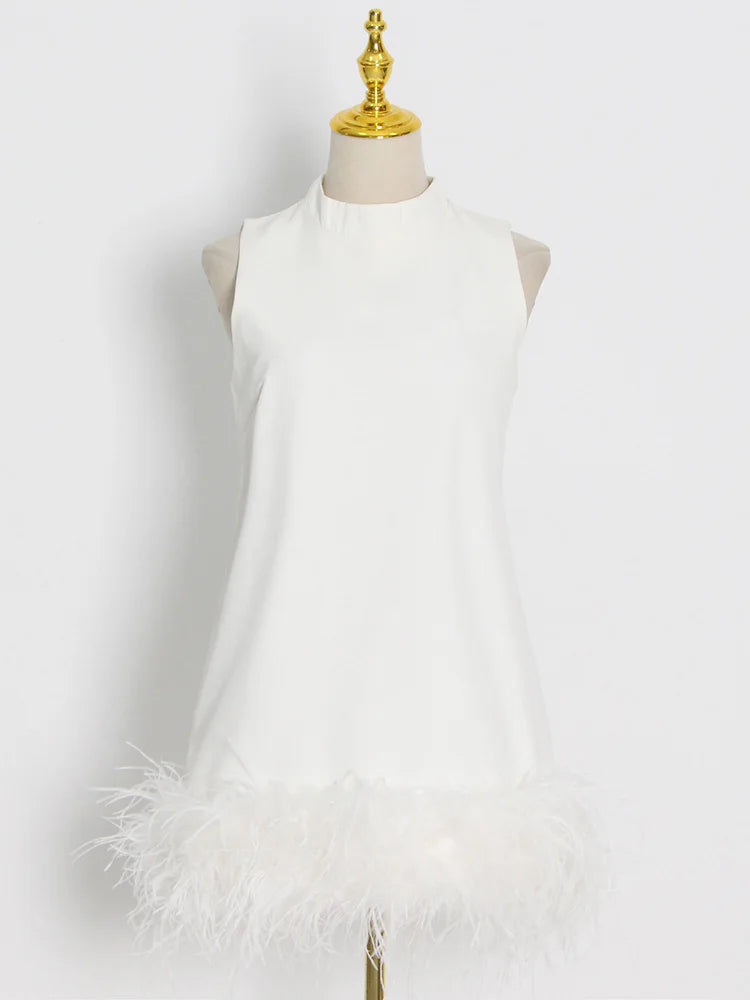TWOTWINSTYLE Feather Fur Dress For Women O Neck Sleeveless Loose Tassel A Line Dresses Female Streetwear 2022 Summer Fashion New