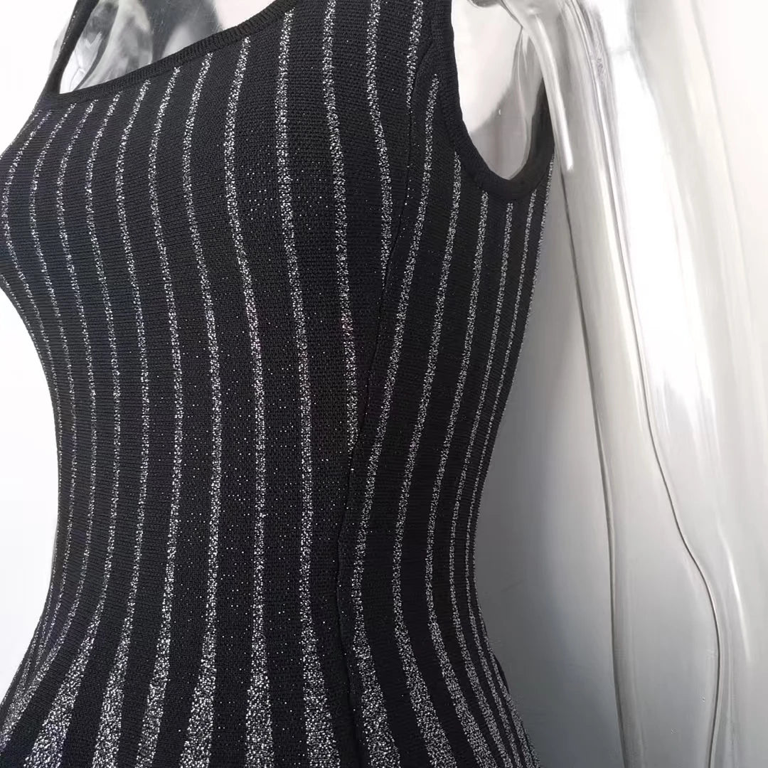 2024 Autumn Vintage Style High Quality Lady Sleeveless O-neckline Women Mini Short Knitted A-line Striped Dress