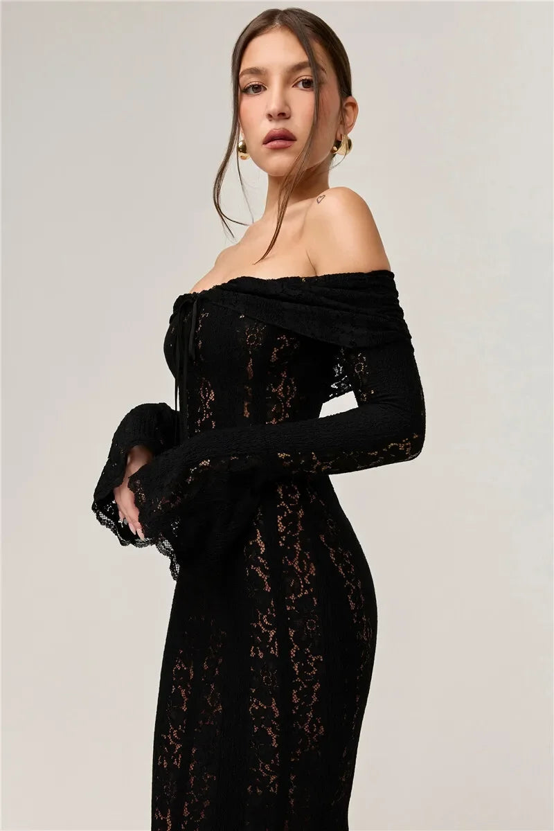 Oligai Winter Lace Long Sleeve Evening Party Dresses Women 2025 Black Sexy Elegant Maxi Dress Fashion Long Wedding Guest Dress